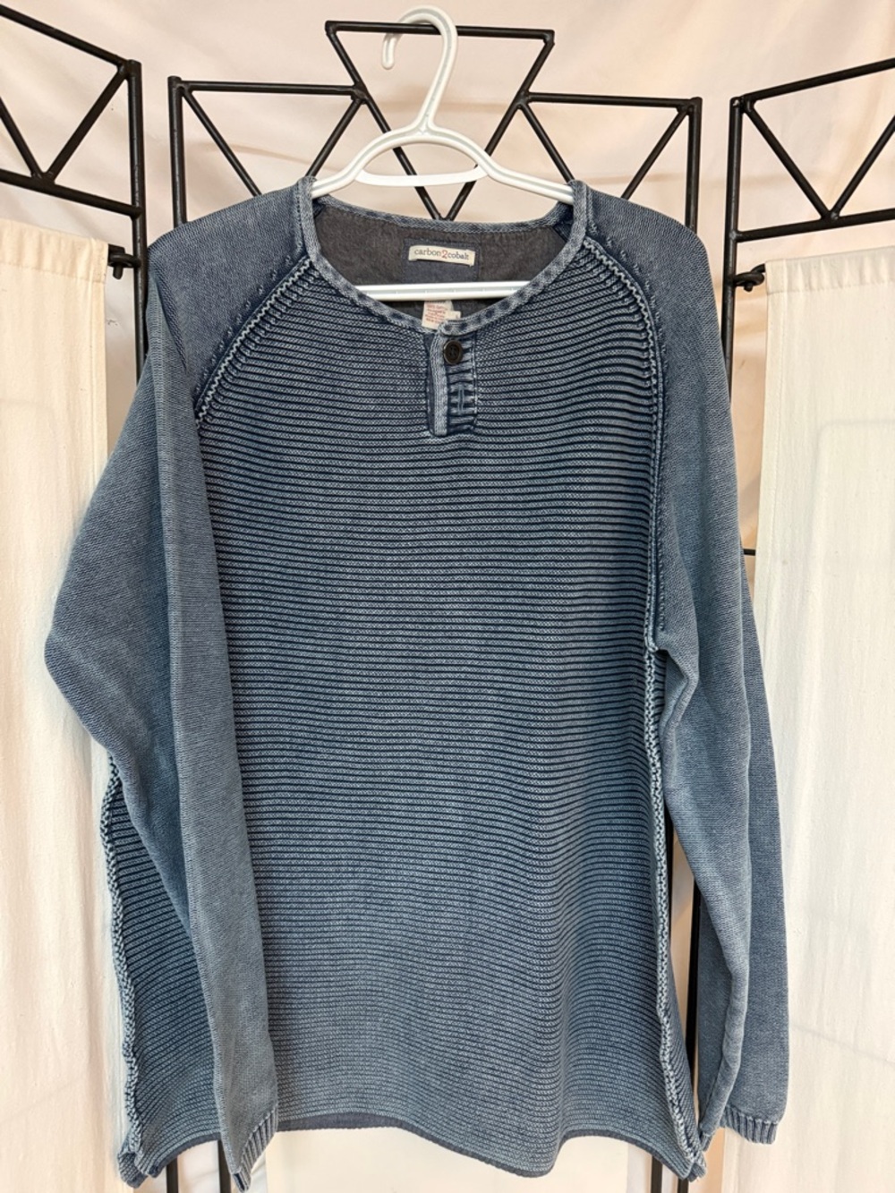 Salt washed Textured Indigo Crewneck Henley Sweater